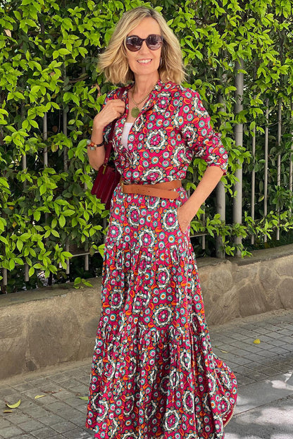 Red Floral  Long Sleeve Maxi Dress