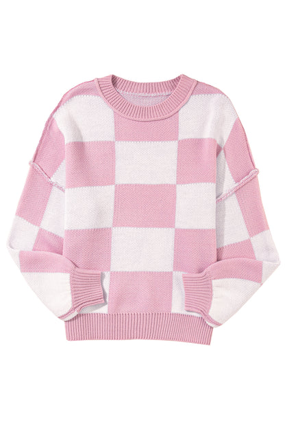 Pink Checked Bishop Sleeve Pullover Sweater