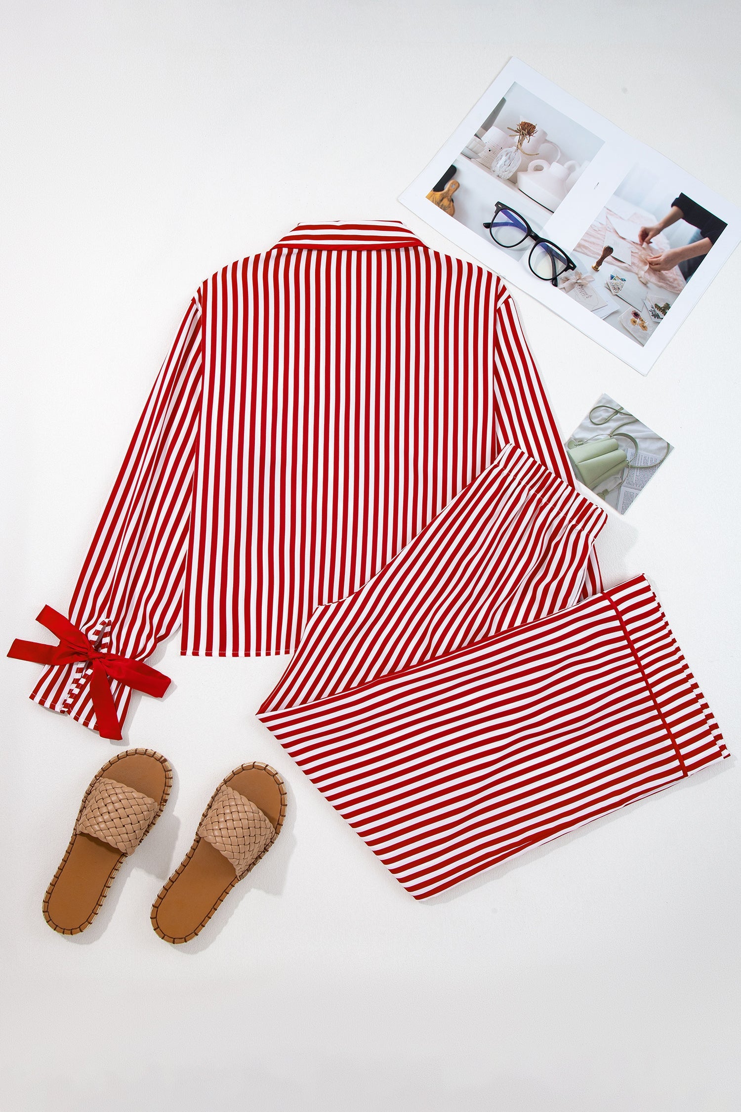 Red Stripe Contrast Velvet Trim Bow Knot Waist 2pcs Pajama Set Dear-Lover Dropshipping