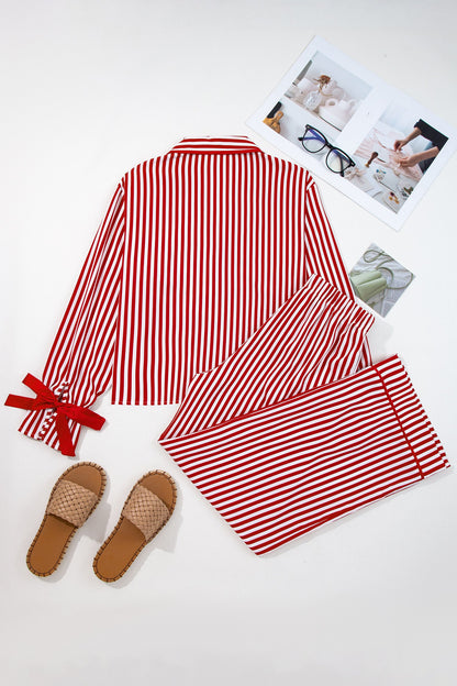 Red Stripe Contrast Velvet Trim Bow Knot Waist 2pcs Pajama Set Dear-Lover Dropshipping