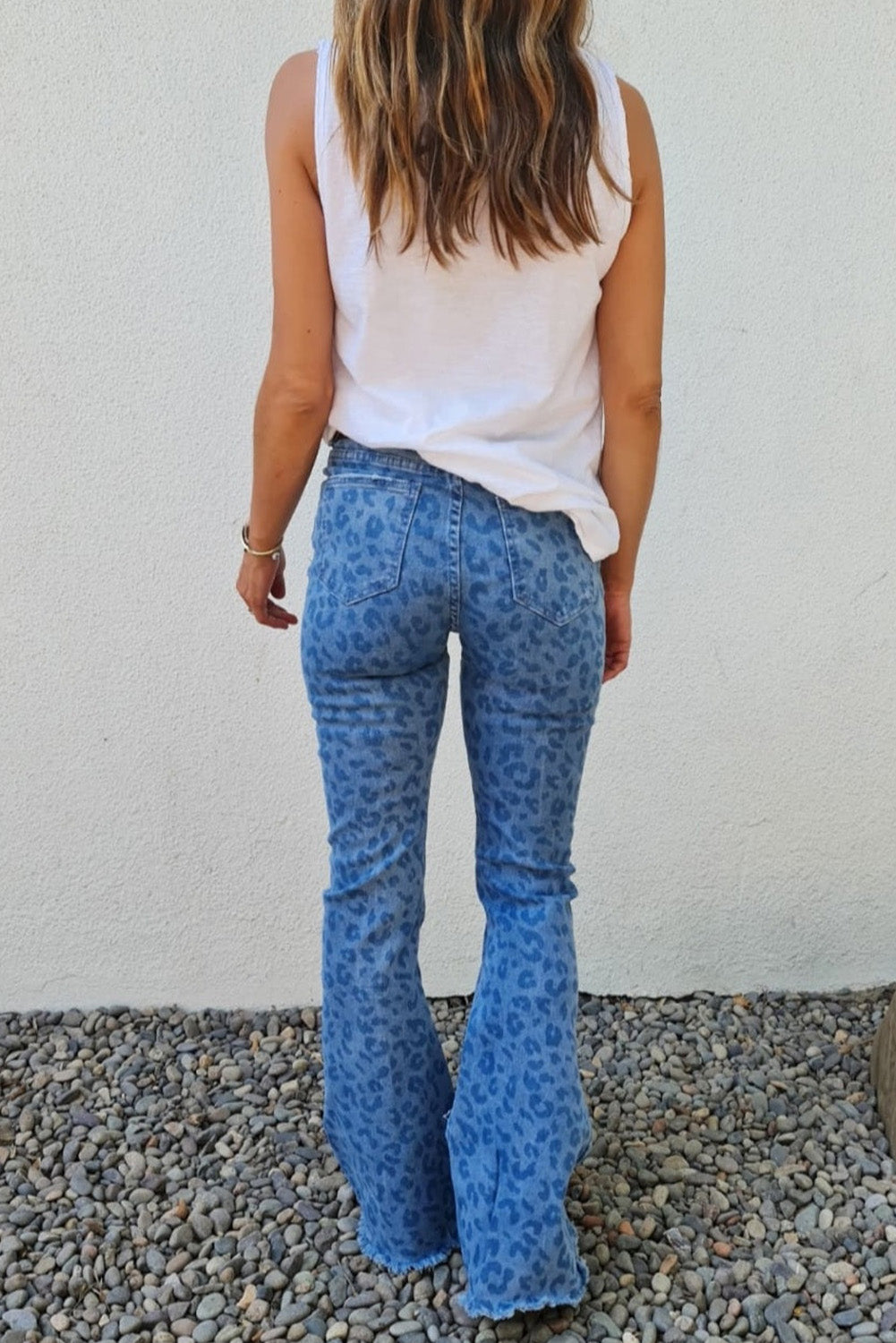 Sky Blue Leopard Print Raw Hem High Waist Flare Jeans