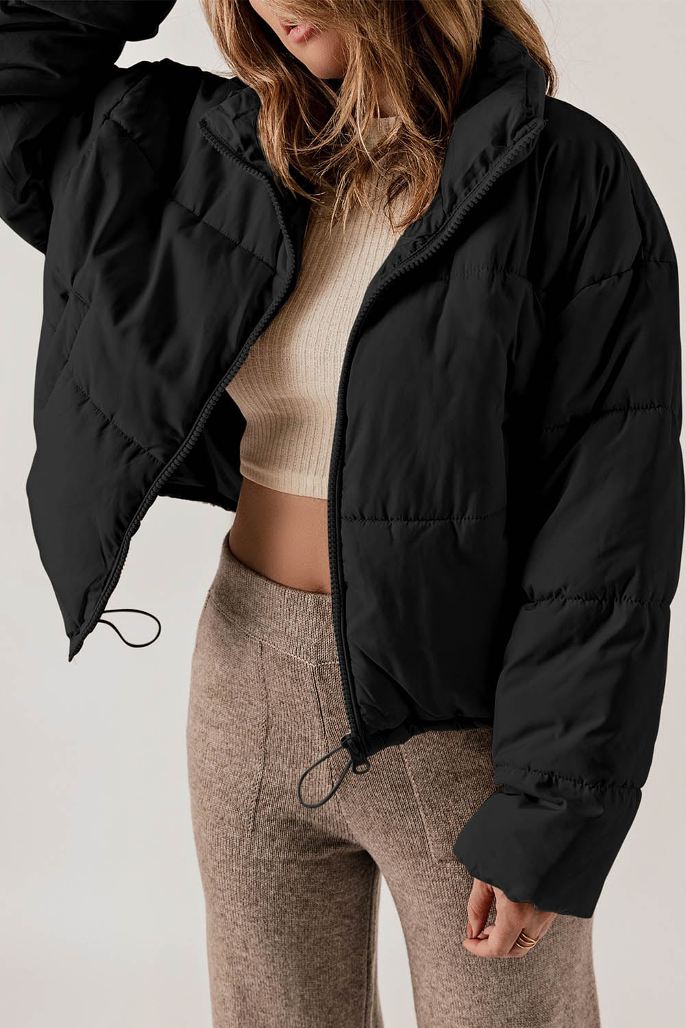 Black Zip Up Drawstring Hem Pocket Puffer Coat