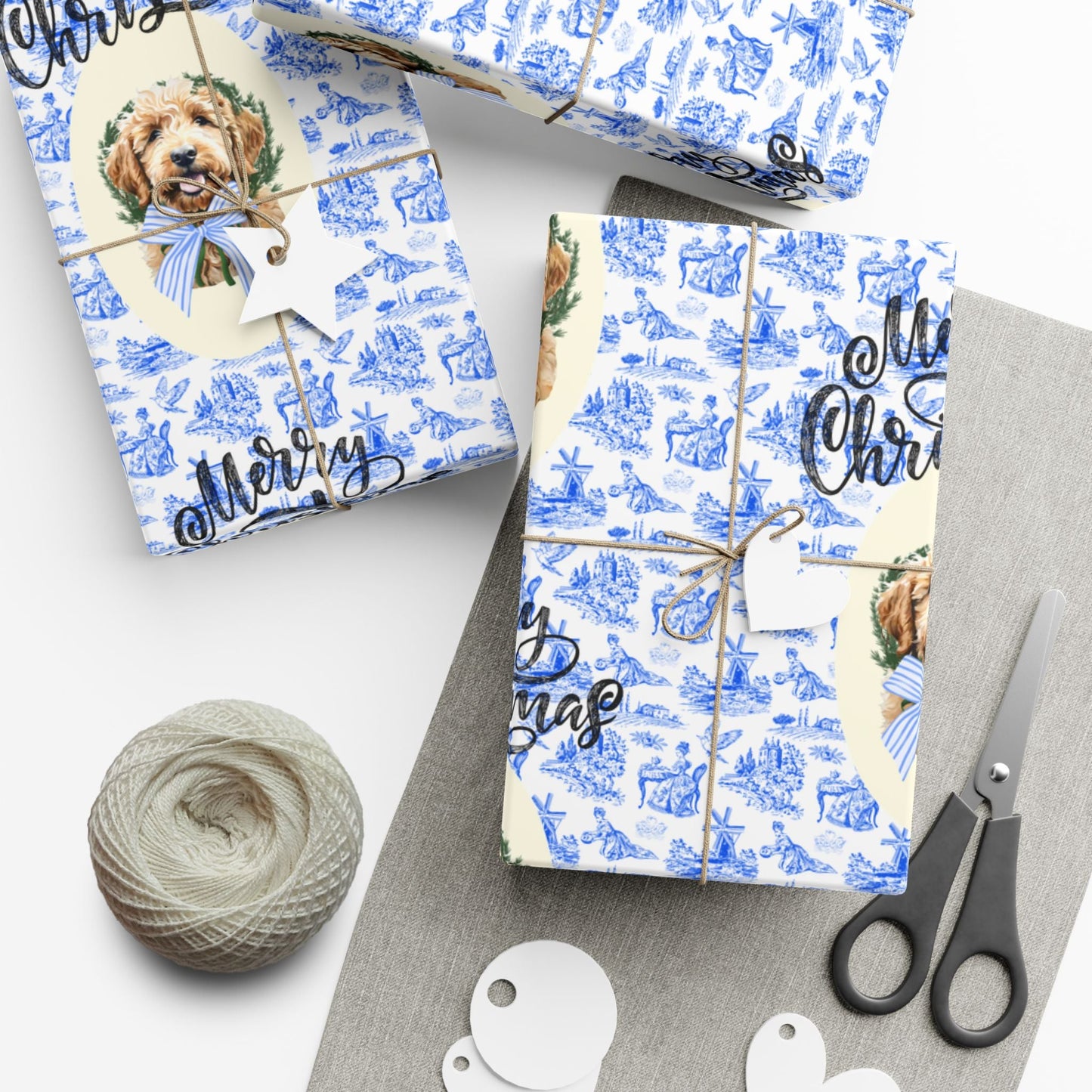Vintage Blue Toile Goldendoodle Christmas Wrapping Paper Printify