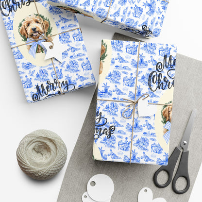 Vintage Blue Toile Goldendoodle Christmas Wrapping Paper Printify