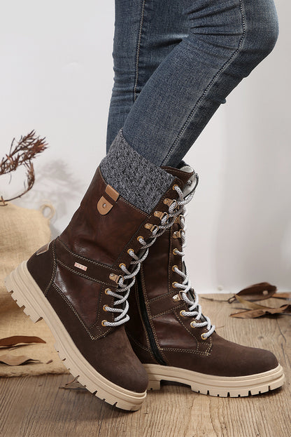 Coffee Wool Knit Patchwork Lace Up Leather Boots