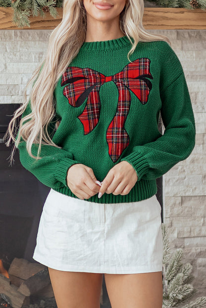 Evergreen Plaid Bow Graphic Christmas Sweater Dear-Lover Dropshipping