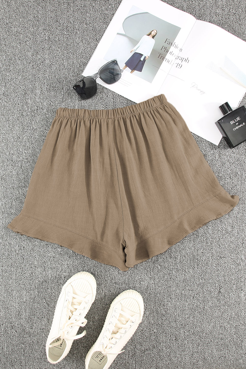 Khaki Casual Pocketed Ruffle High Waist Shorts