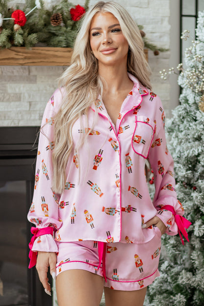 Beige Nutcracker Print Contrast Trim Tied up Bow Silky 2pcs Pajama Set Dear-Lover Dropshipping
