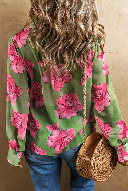 Green Floral Print Pleated Detail Puff Sleeve Shirt****