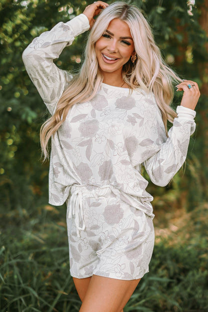 Floral Print Long Sleeve Top and Shorts Lounge Set