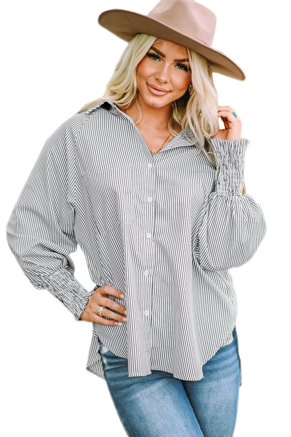 Black Striped Casual Shirred Cuffs Shirt