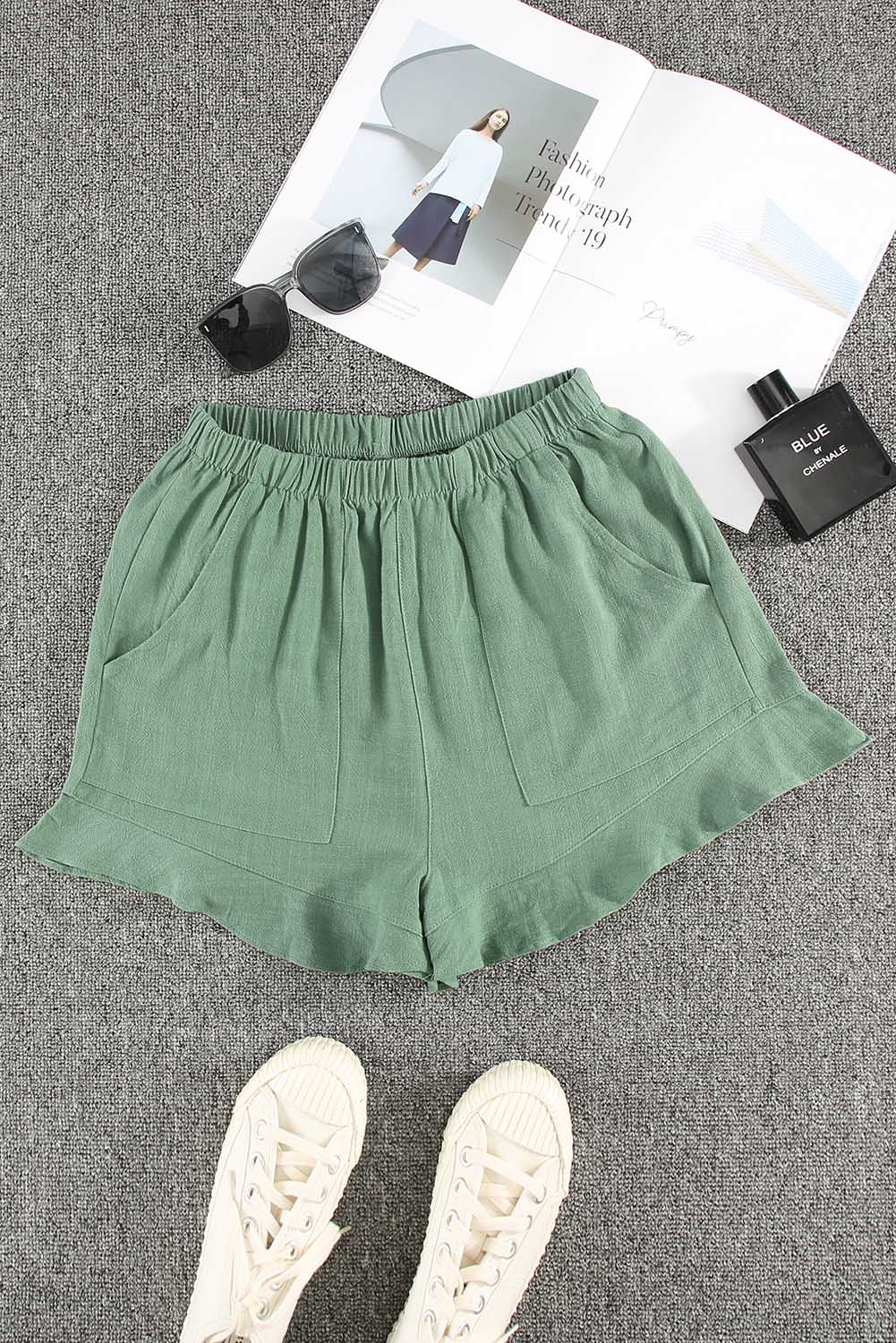 Green Casual High Waist Pocketed Ruffle Shorts