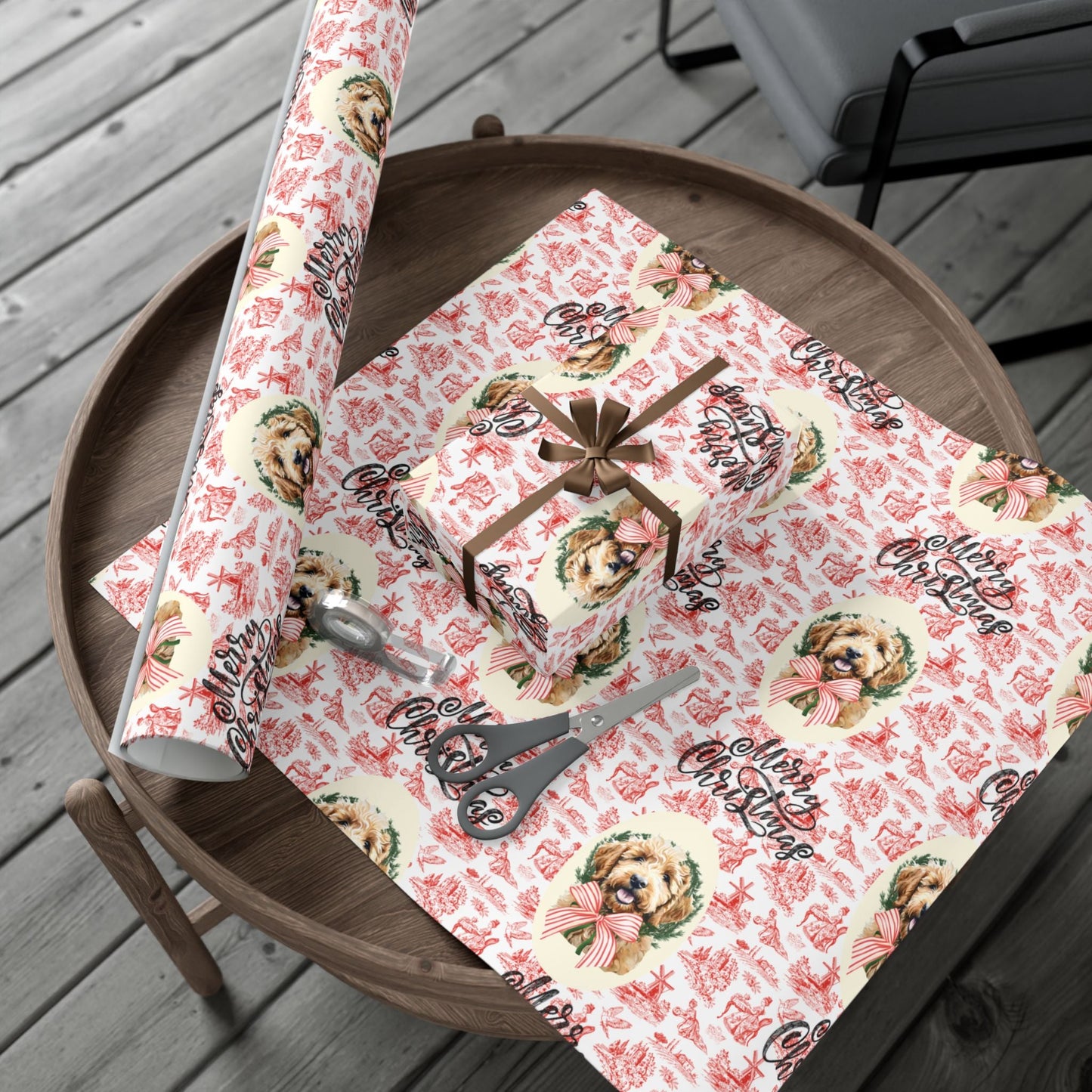 Vintage Red Toile Goldendoodle Christmas Wrapping Paper Printify