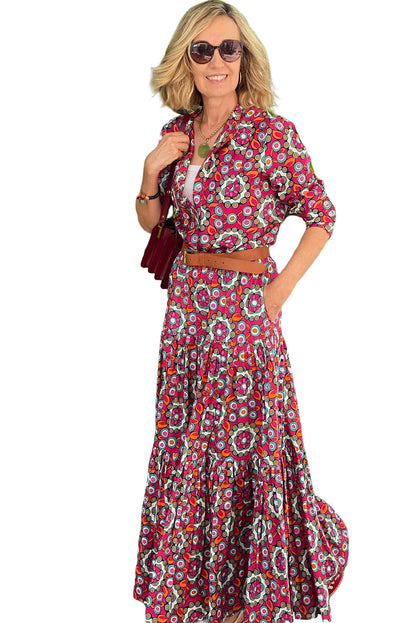 Red Floral  Long Sleeve Maxi Dress