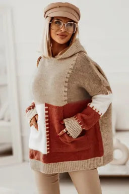 Brown Color Block Hooded Sweater