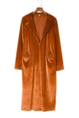 Rust Velvet Lapel Pocket Long Coat