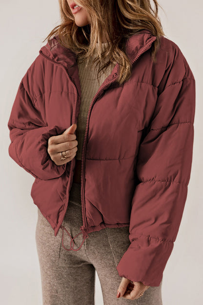 Red Zip Up Drawstring Puffer Coat****