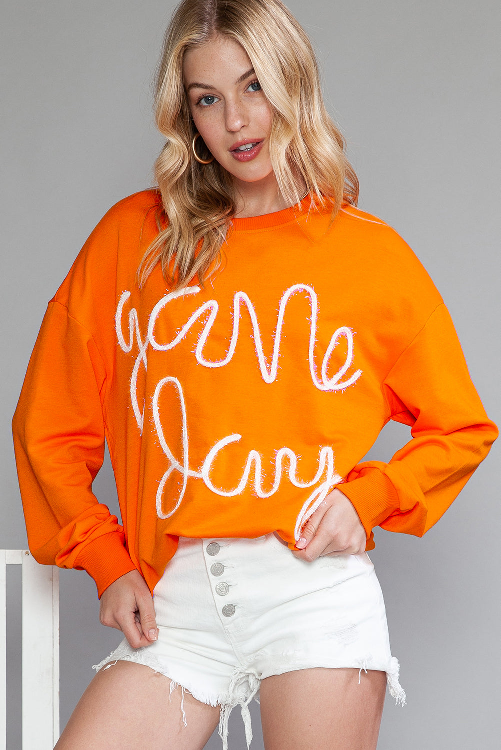 Orange Game Day Contrast Trim Drop Sleeve Sweatshirt