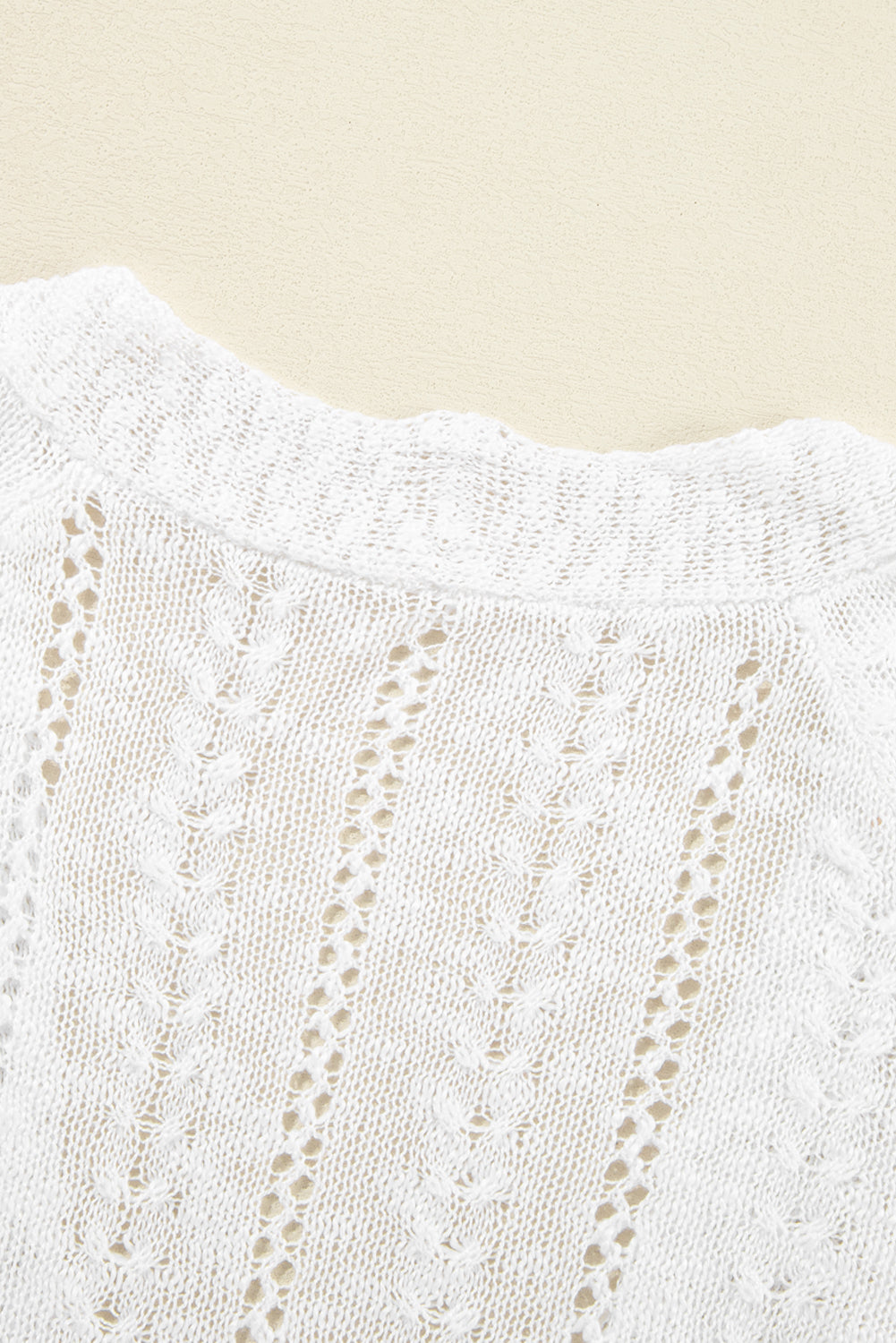 White Solid Color Hollow Knit Open Front Cardigan