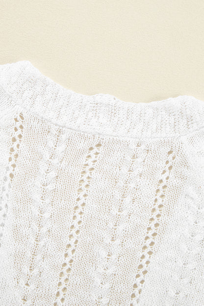 White Solid Color Hollow Knit Open Front Cardigan