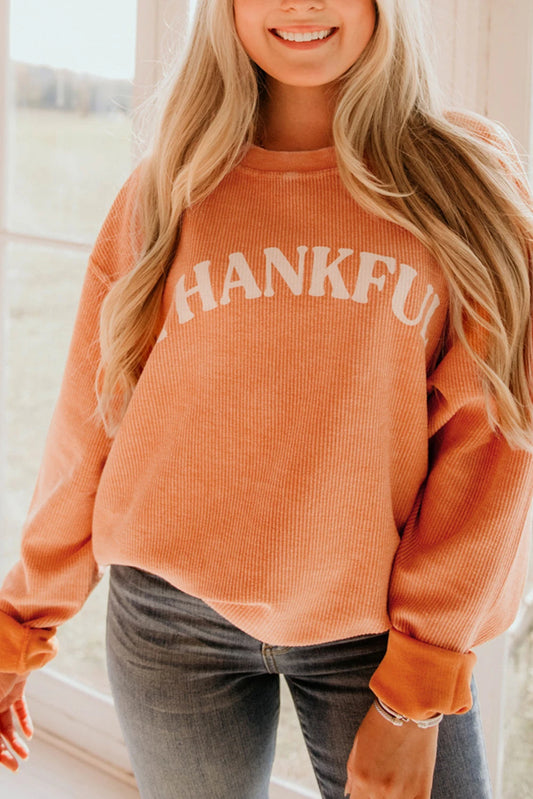 Orange Thanksgiving Thankful Ribbed Corded Sweatshirt