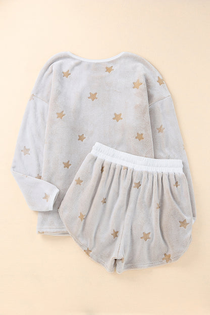 White Star Print Long Sleeve Top & Shorts Loungewear Set