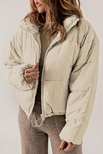 Apricot Zip Up Drawstring  Puffer Coat****