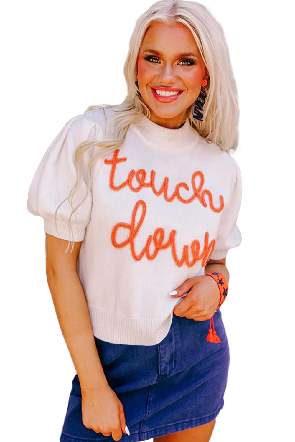 White Touchdown Tinsel Puff Short Sleeve Sweater