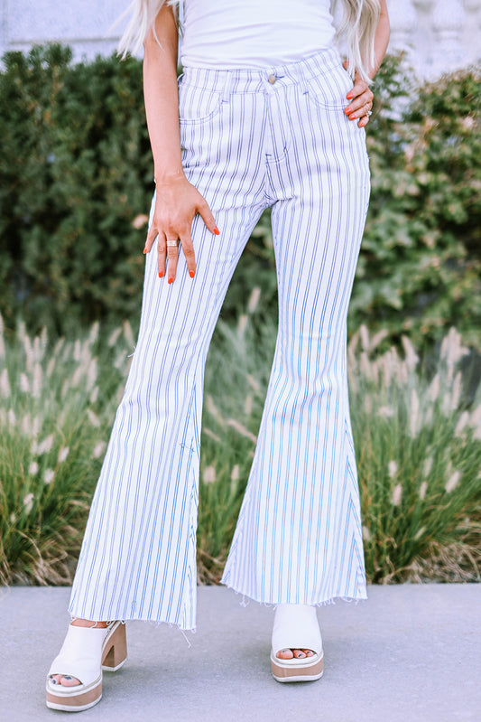 White High Waist Striped Print Flared Pants