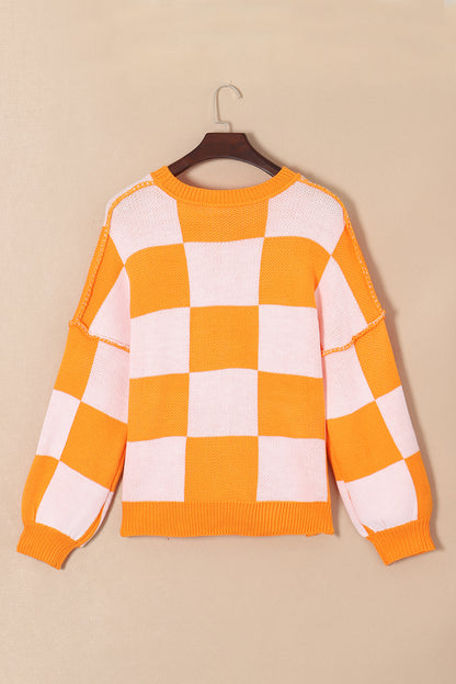 Orange & White Plaid Exposed Seam Bishop Sleeve Sweater