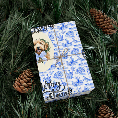 Vintage Blue Toile Goldendoodle Christmas Wrapping Paper Printify