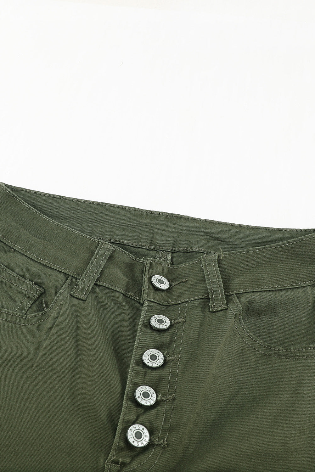 Green Plain High Waist Buttons Frayed Cropped Denim Jeans