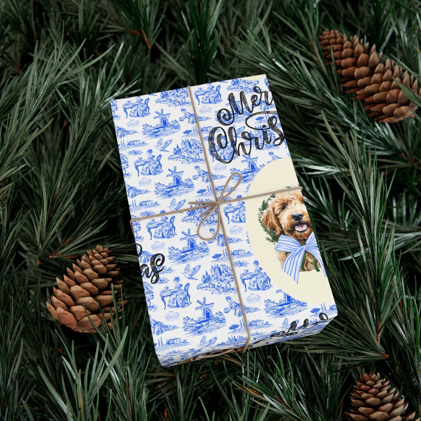 Vintage Blue Toile Goldendoodle Christmas Wrapping Paper Printify