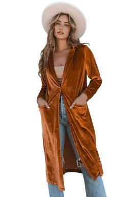 Rust Velvet Lapel Pocket Long Coat