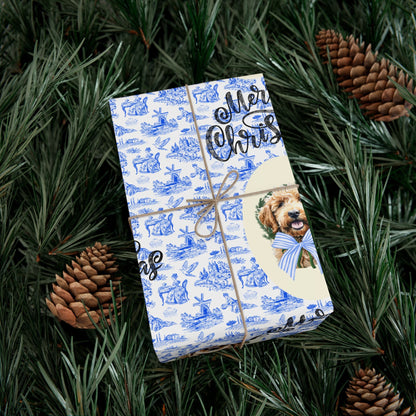Vintage Blue Toile Goldendoodle Christmas Wrapping Paper Printify