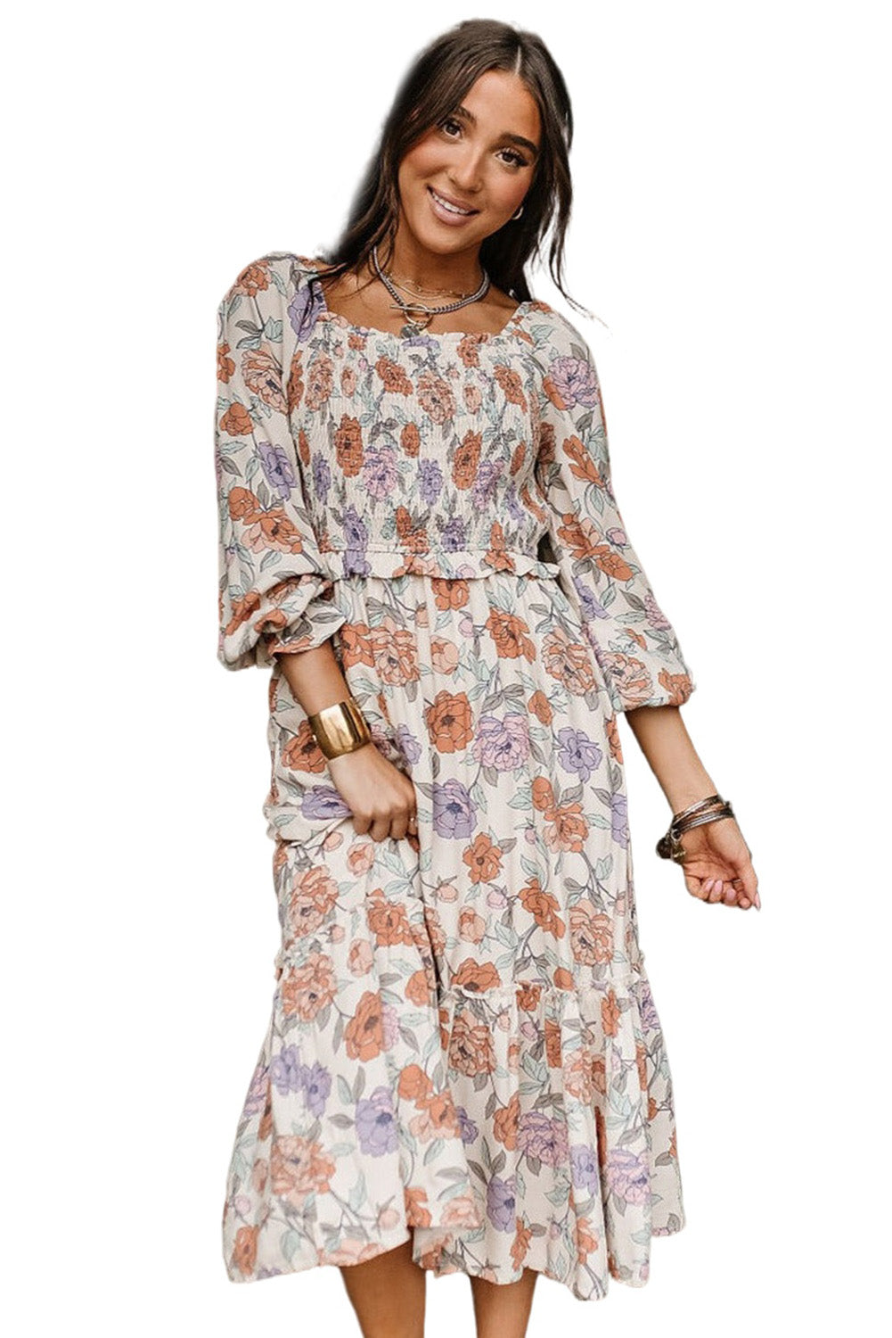 Floral Print Smocked Midi Dress