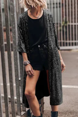 Black Sequin 3/4 Sleeve Open Front Duster Cardigan