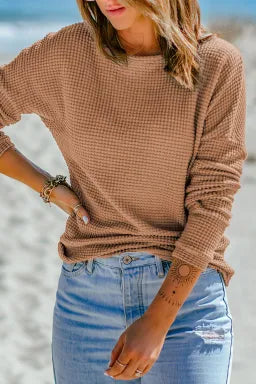 Khaki Waffle Knit Casual Drop Shoulder Long Sleeve Top