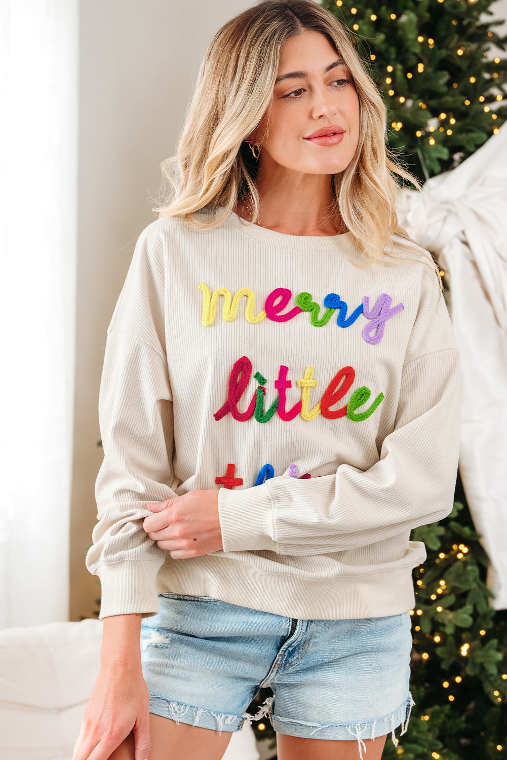 Beige merry little thing Corded Letter Graphic Ribbed Loose Sweatshirt Dear-Lover Dropshipping