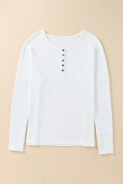 White Waffle Knit Henley Top