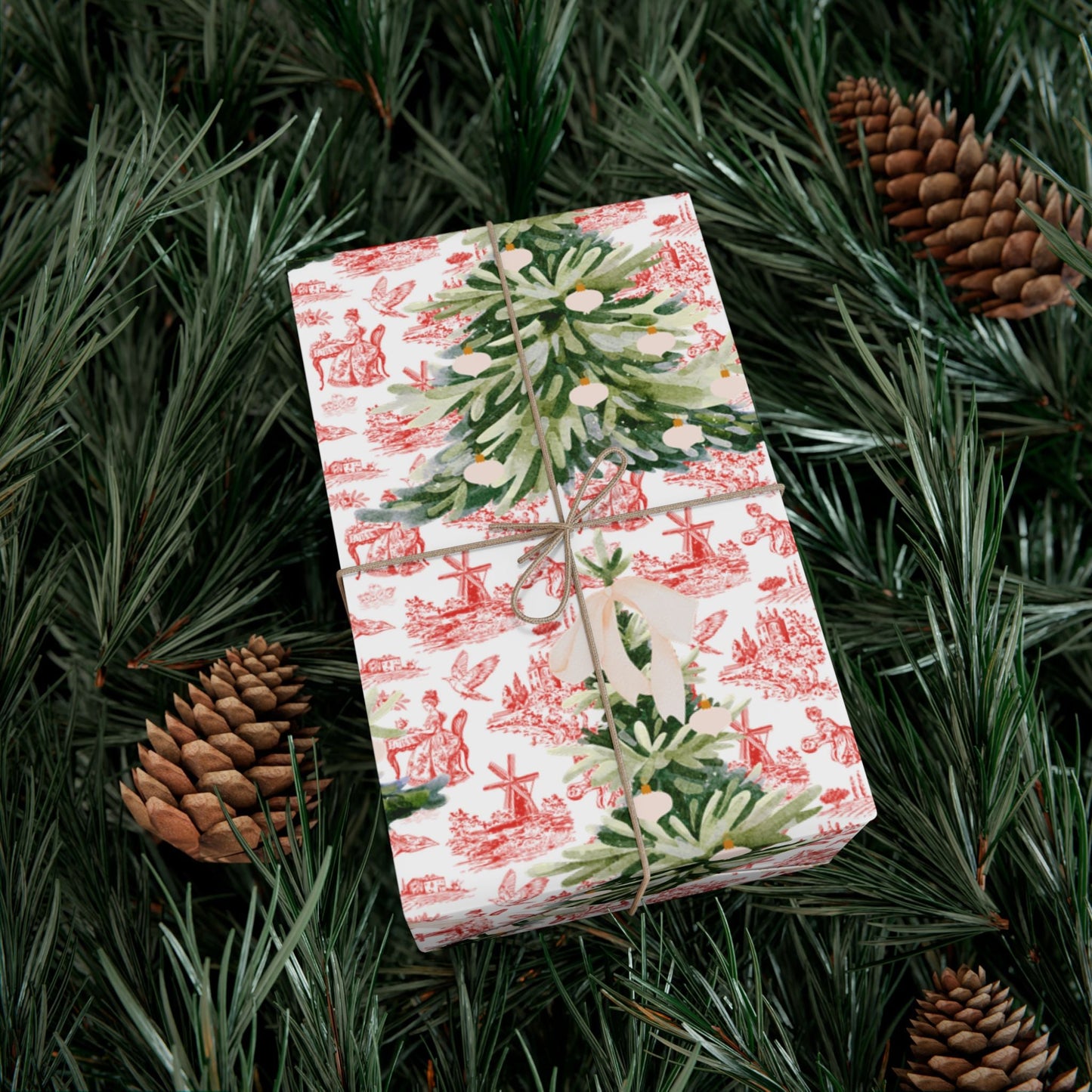 Vintage Red Toile Christmas Wrapping Paper Printify