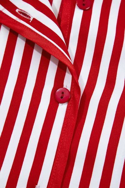 Red Stripe Contrast Velvet Trim Bow Knot Waist 2pcs Pajama Set Dear-Lover Dropshipping