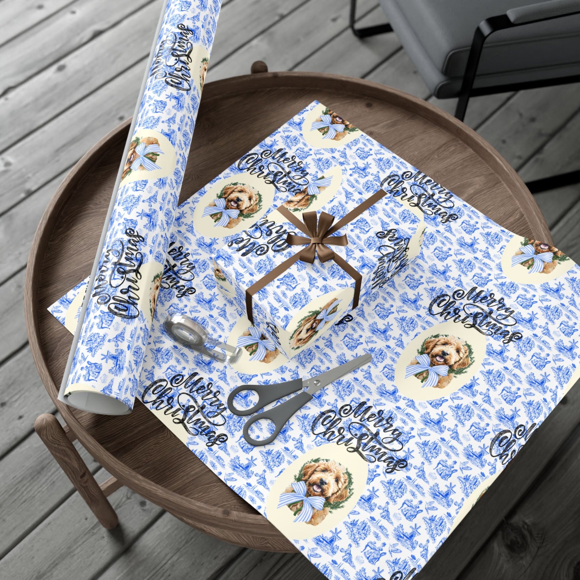Vintage Blue Toile Goldendoodle Christmas Wrapping Paper Printify