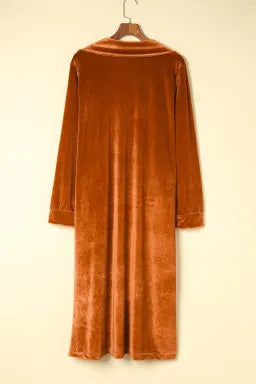 Rust Velvet Lapel Pocket Long Coat