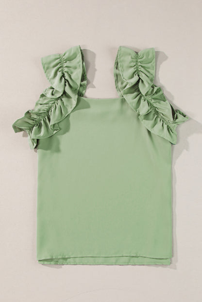 Smoke Green Plain Ruffle Trim Sleeveless Blouse