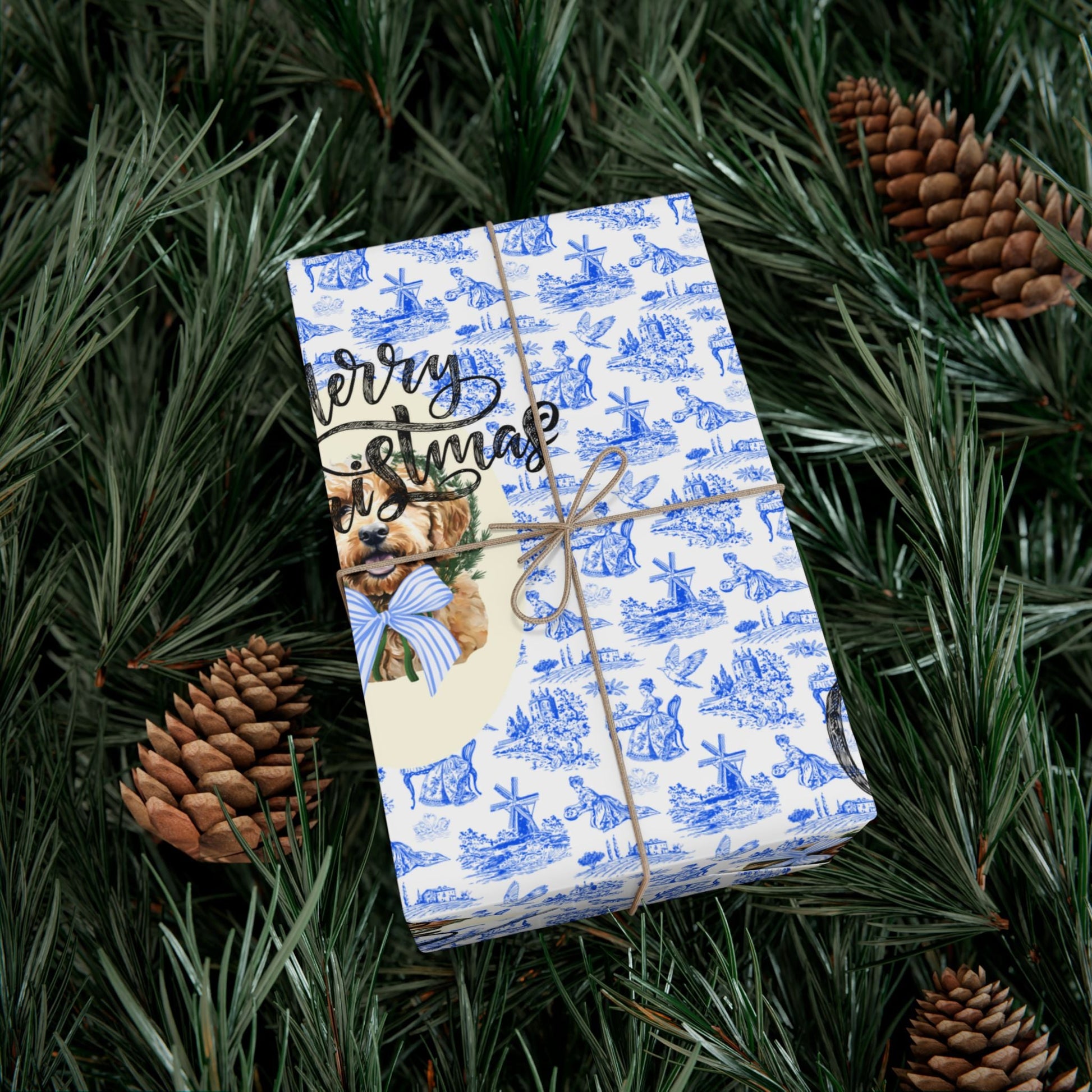 Vintage Blue Toile Goldendoodle Christmas Wrapping Paper Printify