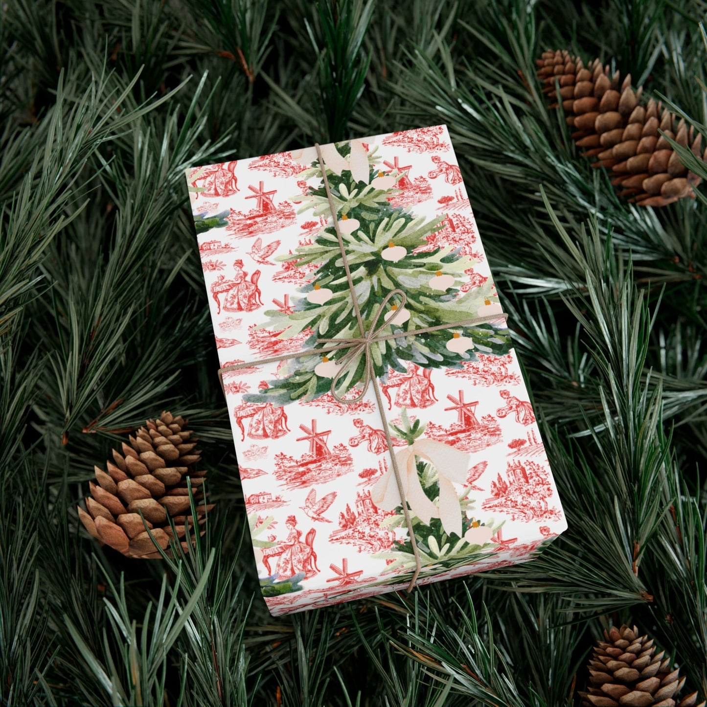 Vintage Red Toile Christmas Wrapping Paper Printify