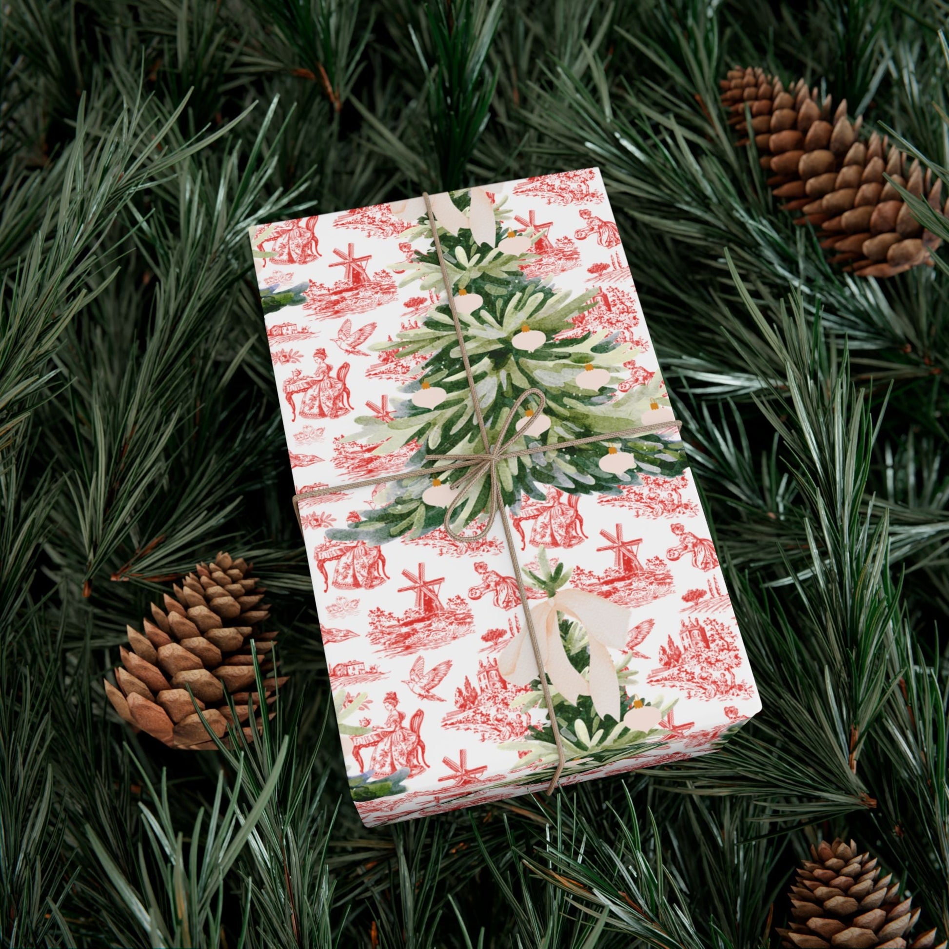 Vintage Red Toile Christmas Wrapping Paper Printify