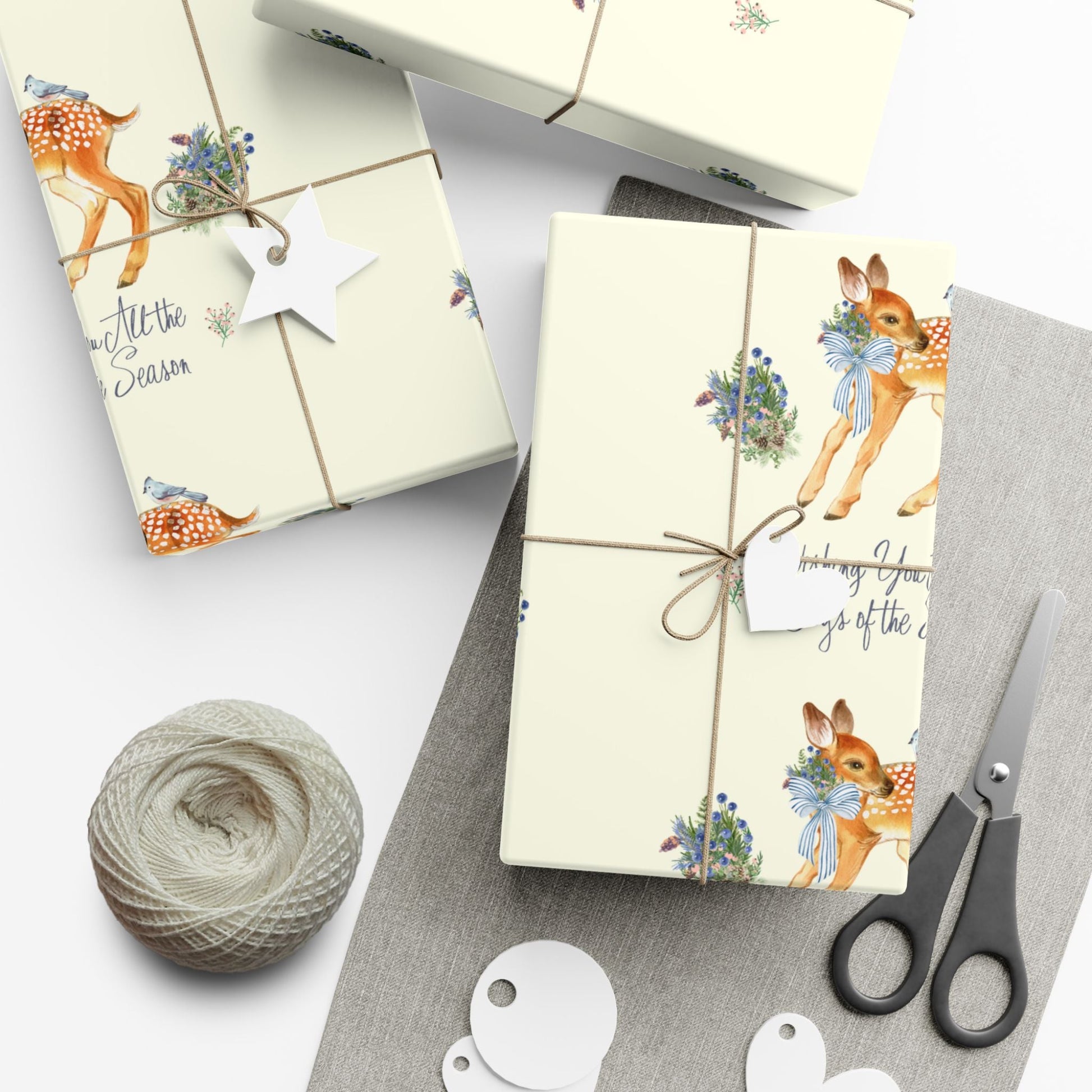 Chinoiserie Christmas Deer Wrapping Paper Rolls, Holiday Gift Packaging, Festive Xmas Patterns, Vintage Woodland Printify