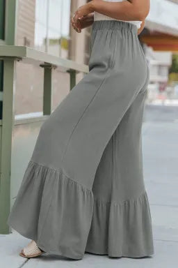 Grey Cotton High Waist Ruffled Wide Leg Pants